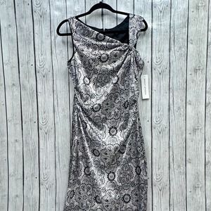 Maggy London Size 12 Black Silver Floral Sleeveless Long Dress NWT